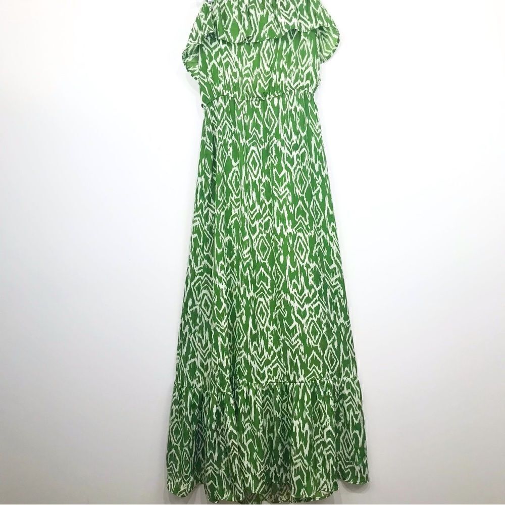 Wendy Katlen Green Cream Tribal Print Sleeveless Ruffle Maxi Dress